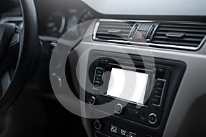 Car navigation system in modern car interior with mock up. display of multimedia.