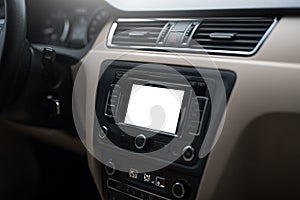 Car navigation system in modern car interior with mock up. display of multimedia.