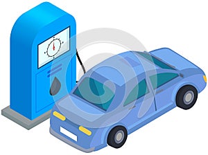 Car near fuel dispenser in petrol filling station. Refueling automobile with gasoline, benzine