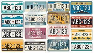 Car number license plate. Retro USA cars registration number signs, Texas, Wisconsin and Kansas license plates vector