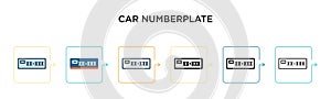 Car numberplate vector icon in 6 different modern styles. Black, two colored car numberplate icons designed in filled, outline,