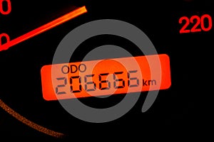 Car odometer reaches a two hundred and six thousand six hundred and sixty-six kilometres