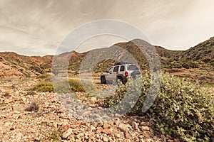 Car off road in camping in mountains