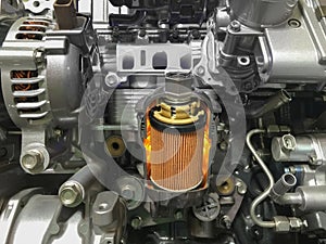 Car oil filter keeps inside engine clean and remove contaminants from engine oil photo