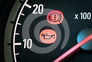 Car with oil and hand break icon. Warning, maintenance and service lights in dashboard.