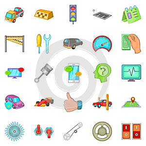 Car overhaul icons set, cartoon style