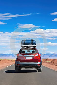 The car packed and ready for a family getaway, suitcases perched on the roof.