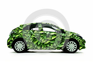 Car painted with green leaves on a white background, concept of eco-friendly transport