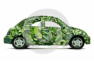 Car painted with green leaves on a white background, concept of eco-friendly transport