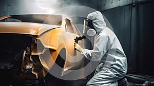 Car painter in protective clothes and mask painting a car, mechanic using a paint spray gun in a painting chamber. Bodywork,