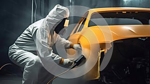 Car painter in protective clothes and mask painting a car, mechanic using a paint spray gun in a painting chamber. Paint job, car