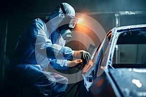 Car painter in protective clothes and mask painting a car, mechanic using a paint spray gun in a painting chamber. Bodywork, paint