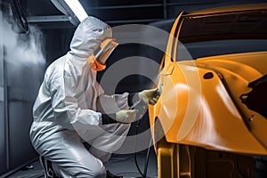Car painter in protective clothes and mask painting a car, mechanic using a paint spray gun in a painting chamber. Bodywork, paint