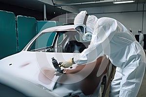 Car painter in protective clothes paints automobile with paint in chamber workshop. Generative AI