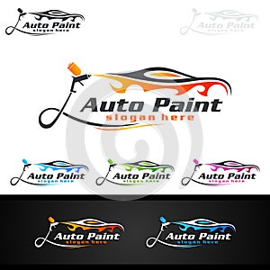 Car Painting Logo with Spray Gun and Sport Car Concept