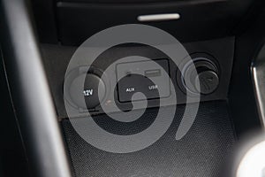 Car panel with aux, usb connectors, 12V socket and cork