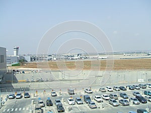 Car park in an airport. watch tower. airport. aircrafts