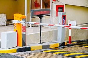 Car park barrier, Security system for building access - barrier gate stop with traffic cones and cctv