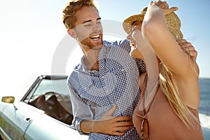 Car park, happy road trip, and travel couple on holiday bonding adventure, transportation journey or fun summer vacation