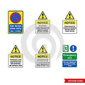 Car park notice signs icon set of color types. Isolated vector sign symbols. Icon pack