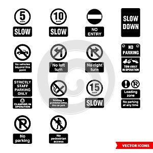 Car park prohibitory signs icon set of black and white types. Isolated vector sign symbols. Icon pack