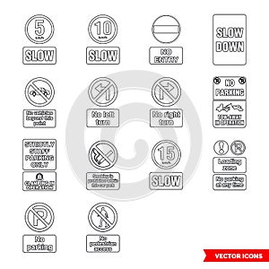 Car park prohibitory signs icon set of outline types. Isolated vector sign symbols. Icon pack