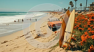 A car parked on the beach next to a surfboard. Generative AI image.