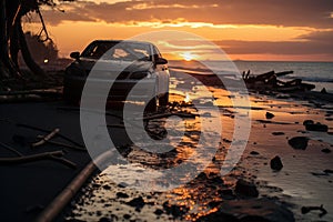 a car is parked on the beach at sunset