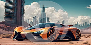 Car parked in desert with futuristic city backdrop under cloudy sky