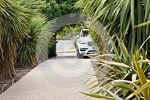 Car Parked in the drive way with palm trees