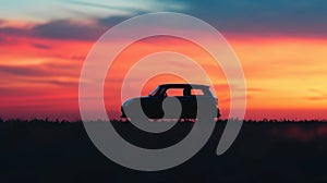 A car parked in a field at sunset