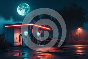 Car Parked at Gas Station at Night, Moonlight streaming over an isolated countryside electric vehicle charging station, AI