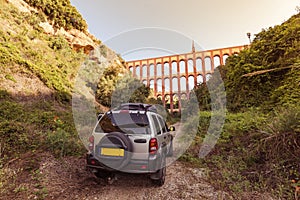 Car parked off road by Nerja Roman bridge,Spain