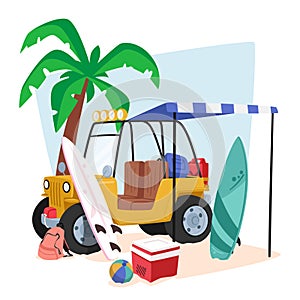 Car Parked On The Sandy Beach With Vacation Gear Such As Surf Board, Cooler, Balls, Rucksack Cartoon Vector Illustration