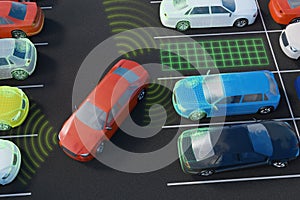 Car is parking with autonomous self-driving parking assistant. 3D rendered illustration