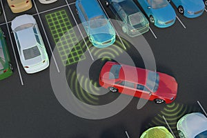 Car is parking with autonomous self-driving parking assistant. 3D rendered illustration