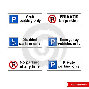 Car parking control signs icon set of color types. Isolated vector sign symbols. Icon pack