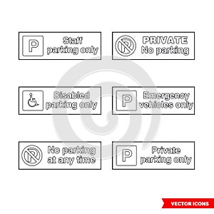 Car parking control signs icon set of outline types. Isolated vector sign symbols. Icon pack