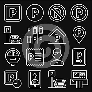 Car Parking Icons Set on Black background. Line Style Vector