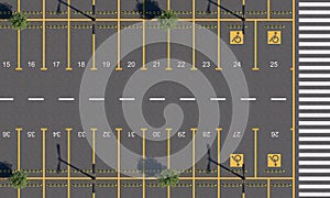 Car parking lot with road markings and numbering parking spaces. Empty parking with a pedestrian crossing. Top view. 3D render. photo