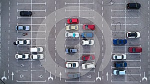 Car parking lot viewed from above, Aerial view. Top view