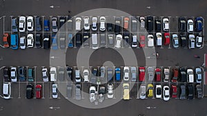 Car parking lot viewed from above, Aerial view. Top view