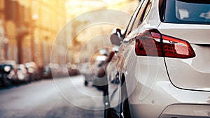 Car parking on the street. Modern white car close-up red headlights banner background.