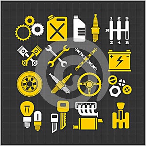 Car part icons set on a dark background. Vector