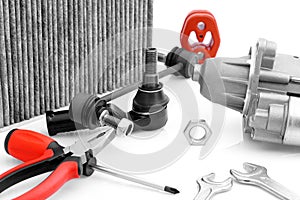 Car parts and assembly tools.
