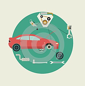Car Parts Auto Repair Service. Side View. Vector Illustration