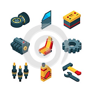 Car parts. Automobile tools engine transmission steering wheel exhaust pipe vector isometric icon collection