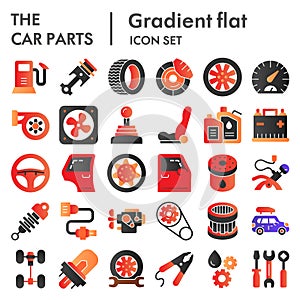 Car parts flat icon set, auto details symbols collection, vector sketches, logo illustrations, automotive repair signs