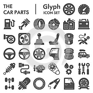 Car parts glyph icon set, auto details symbols collection, vector sketches, logo illustrations, automotive repair signs