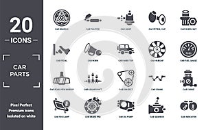 car.parts icon set. include creative elements as car bearing, car wheel nut, car hubcap, fan belt, brake pad, rear-view mirror